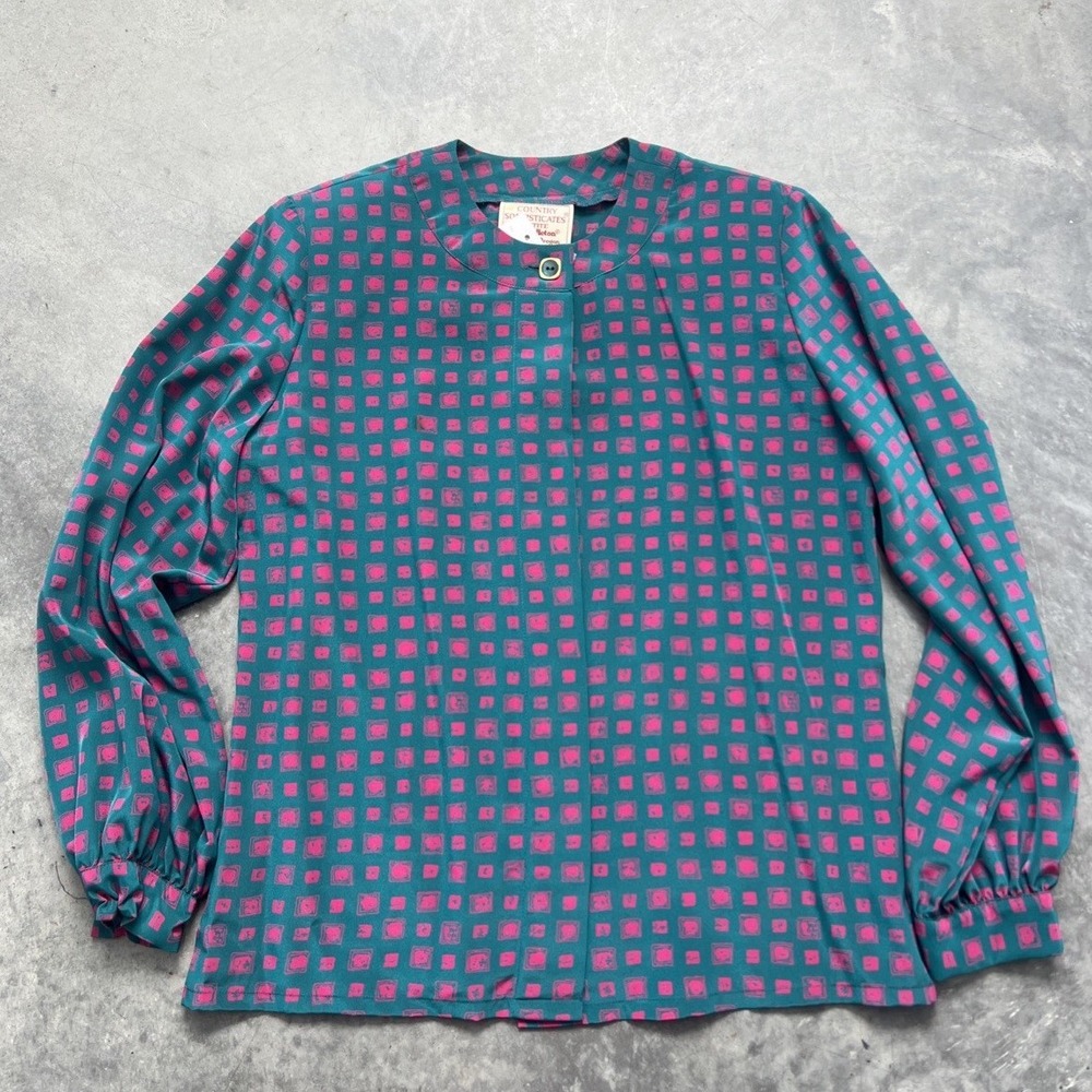 Vintage Pendleton Country Sophisticates Petite Blouse Teal Pink Square Print 10P